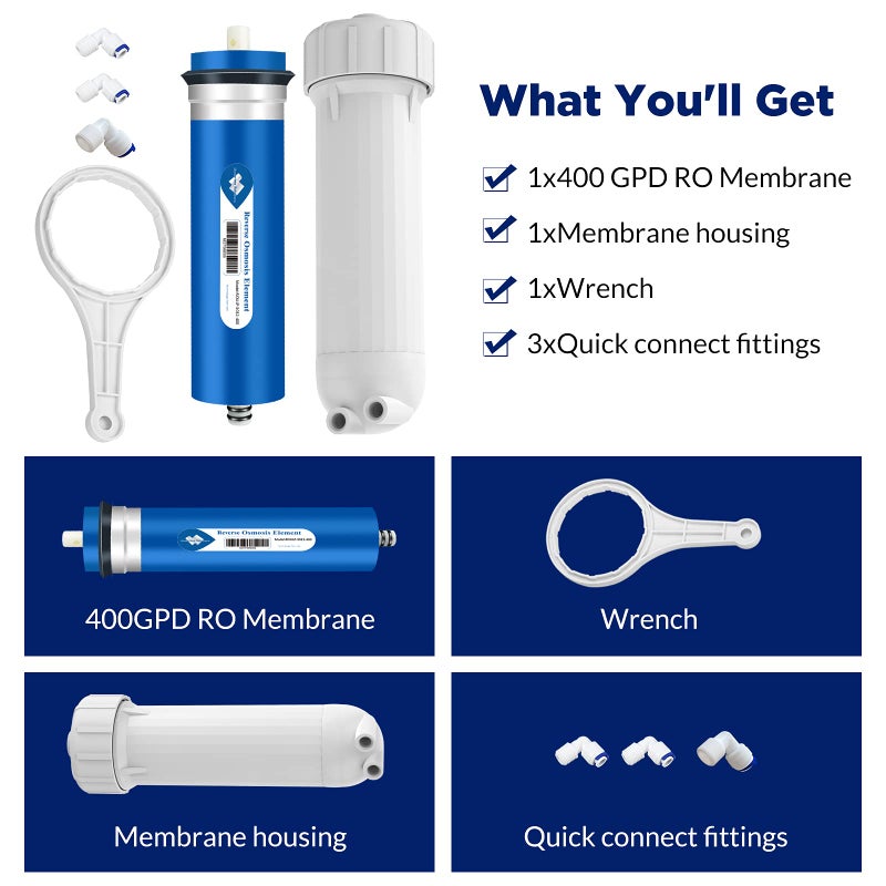 Membrane Solutions 400 GPD RO Membrane, Reverse Osmosis Membrane with Membrane Housing, 1/4" Quick-Connect Fittings, Check Valve, Replacement for Under Sink Home Drinking RO Water Filter System - Image 5